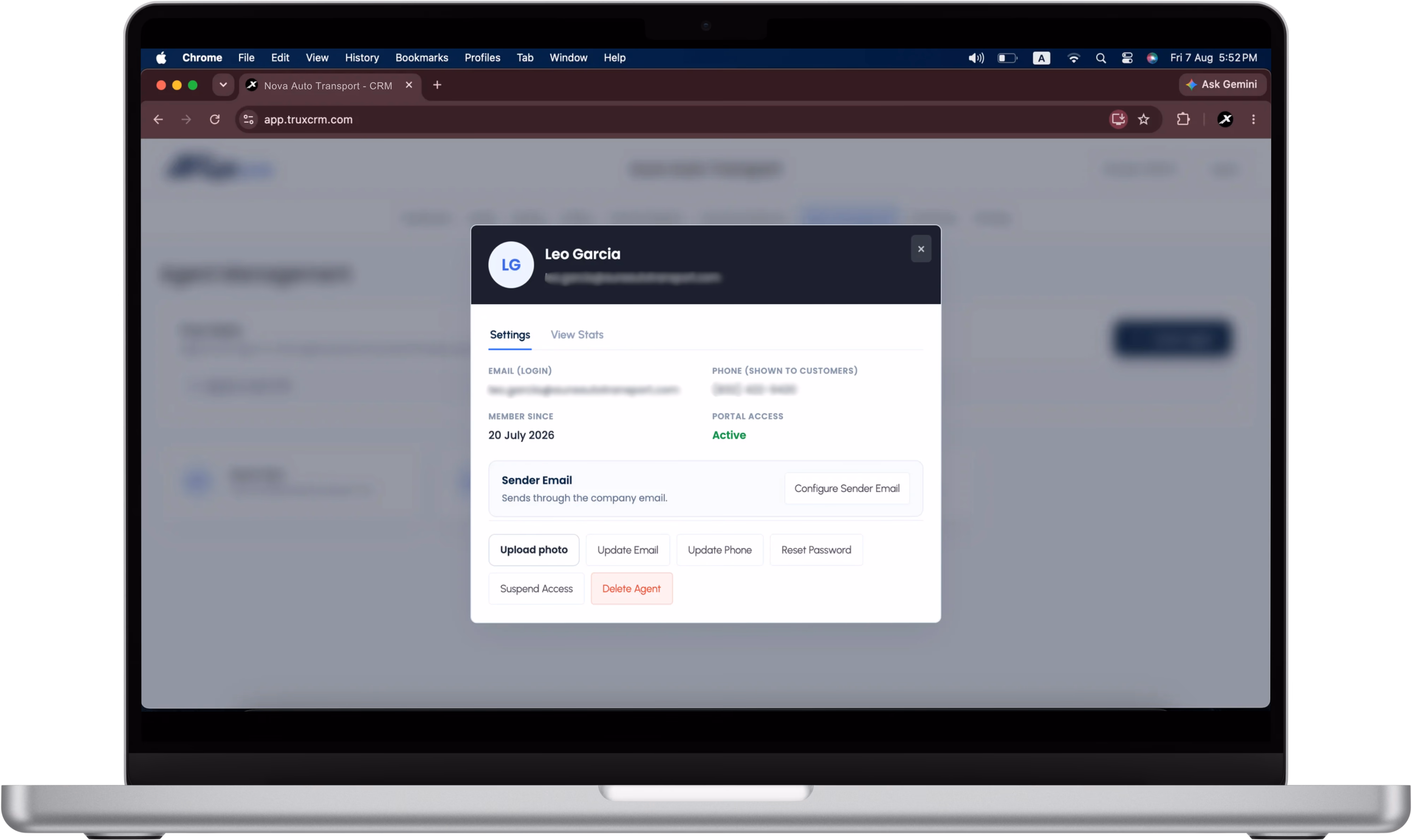 TruxCRM Agent Management interface