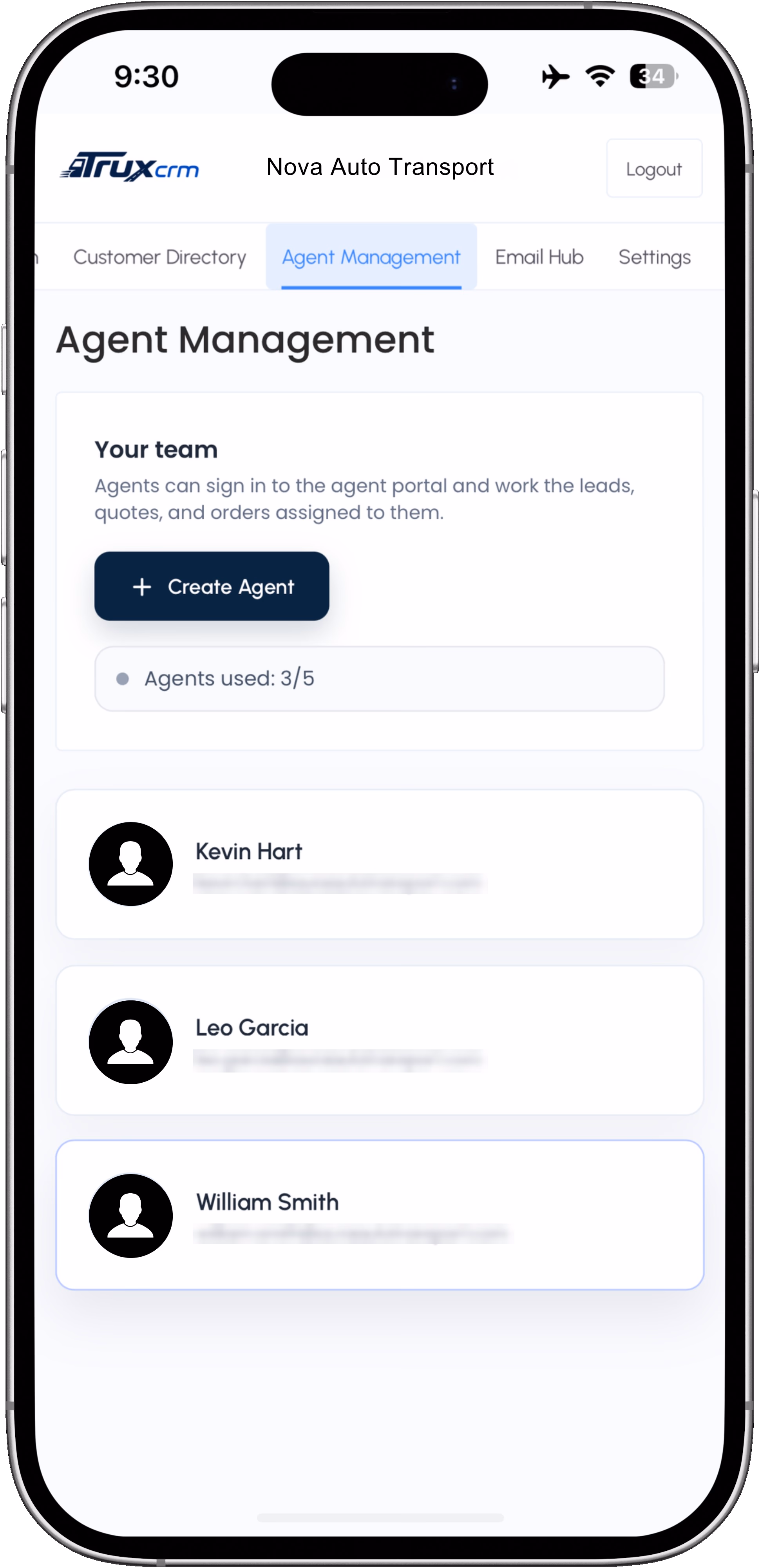 TruxCRM Agent Management on a phone