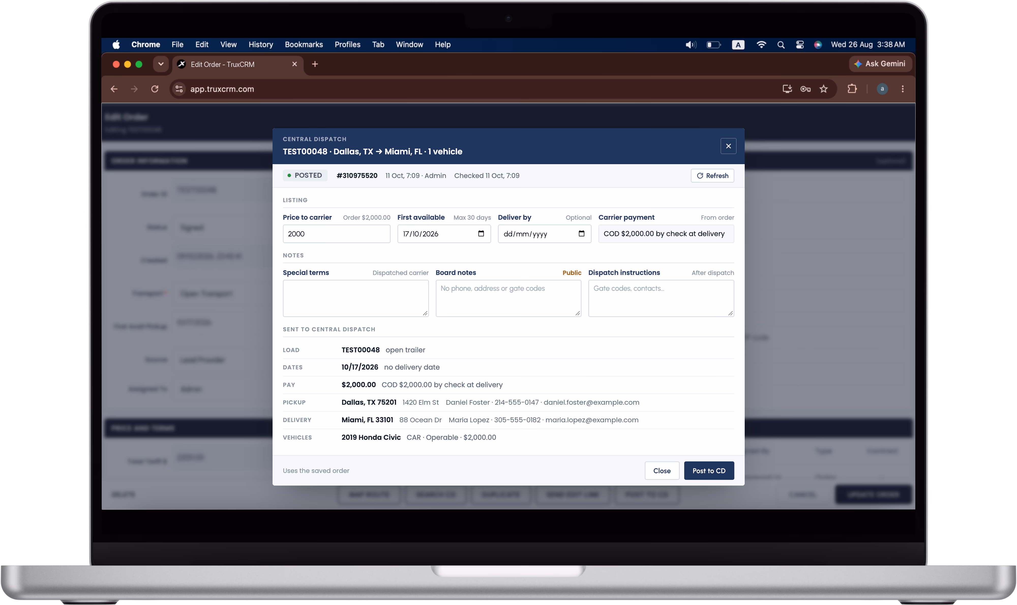 The TruxCRM Post to Central Dispatch window open on an order on a laptop, showing a posted listing with its number, the price to carrier, first available date and carrier payment, three notes fields, and a summary of the load, dates, pay, pickup, delivery and vehicle sent to Central Dispatch.
