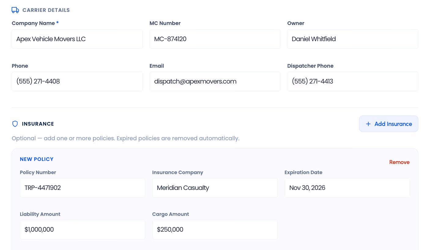 A TruxCRM carrier record showing MC number and owner alongside a policy with liability and cargo held as separate amounts.