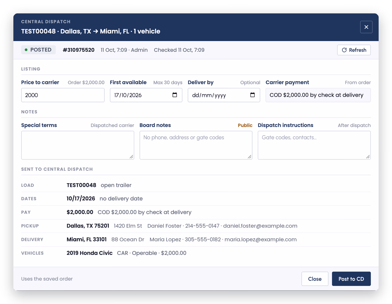 Close-up of the TruxCRM Central Dispatch window: a posted listing with its number and last status check, the listing fields, the Special terms, Board notes and Dispatch instructions boxes, and the Sent to Central Dispatch summary with Close and Post to CD buttons.