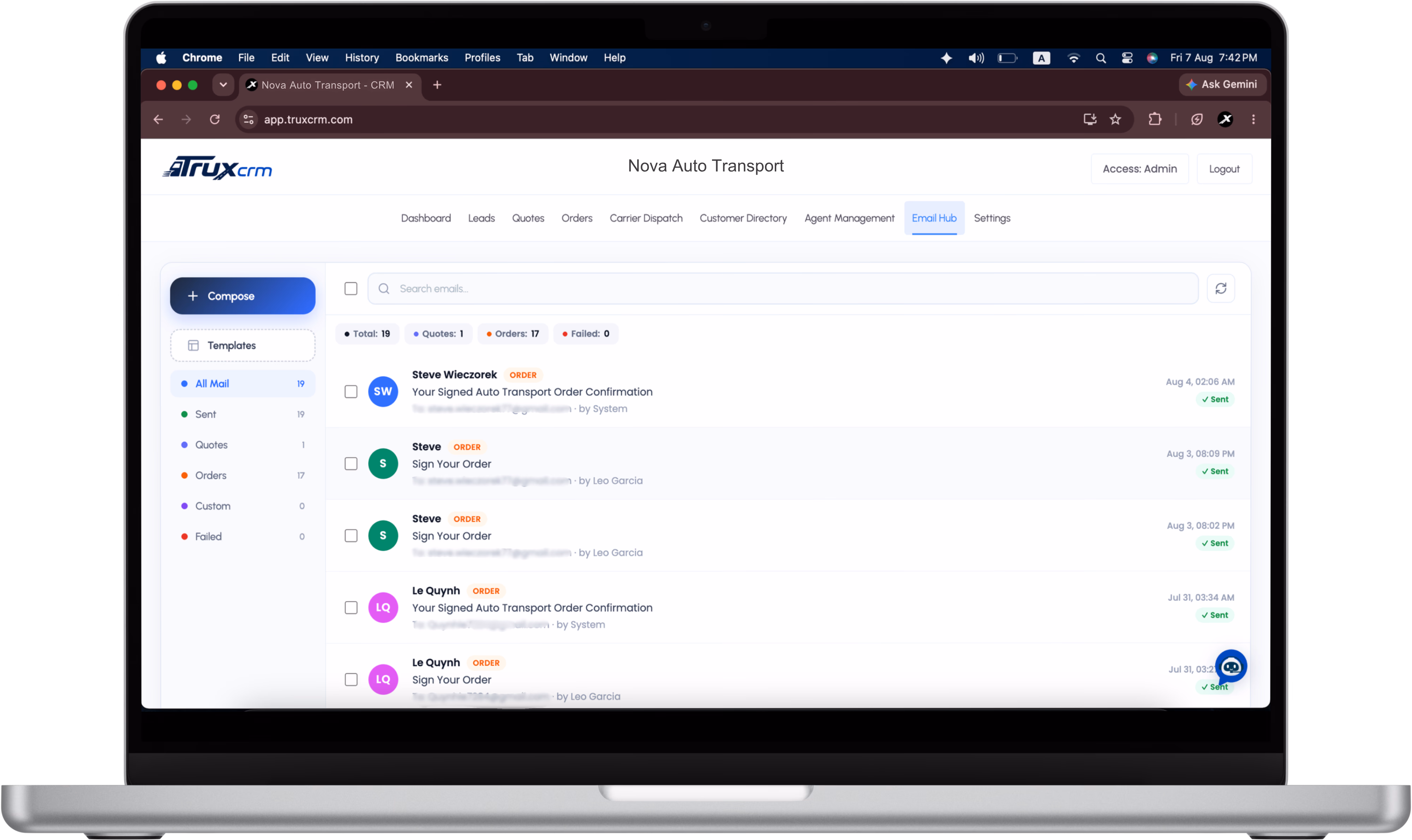 TruxCRM Email Hub & Follow-ups interface