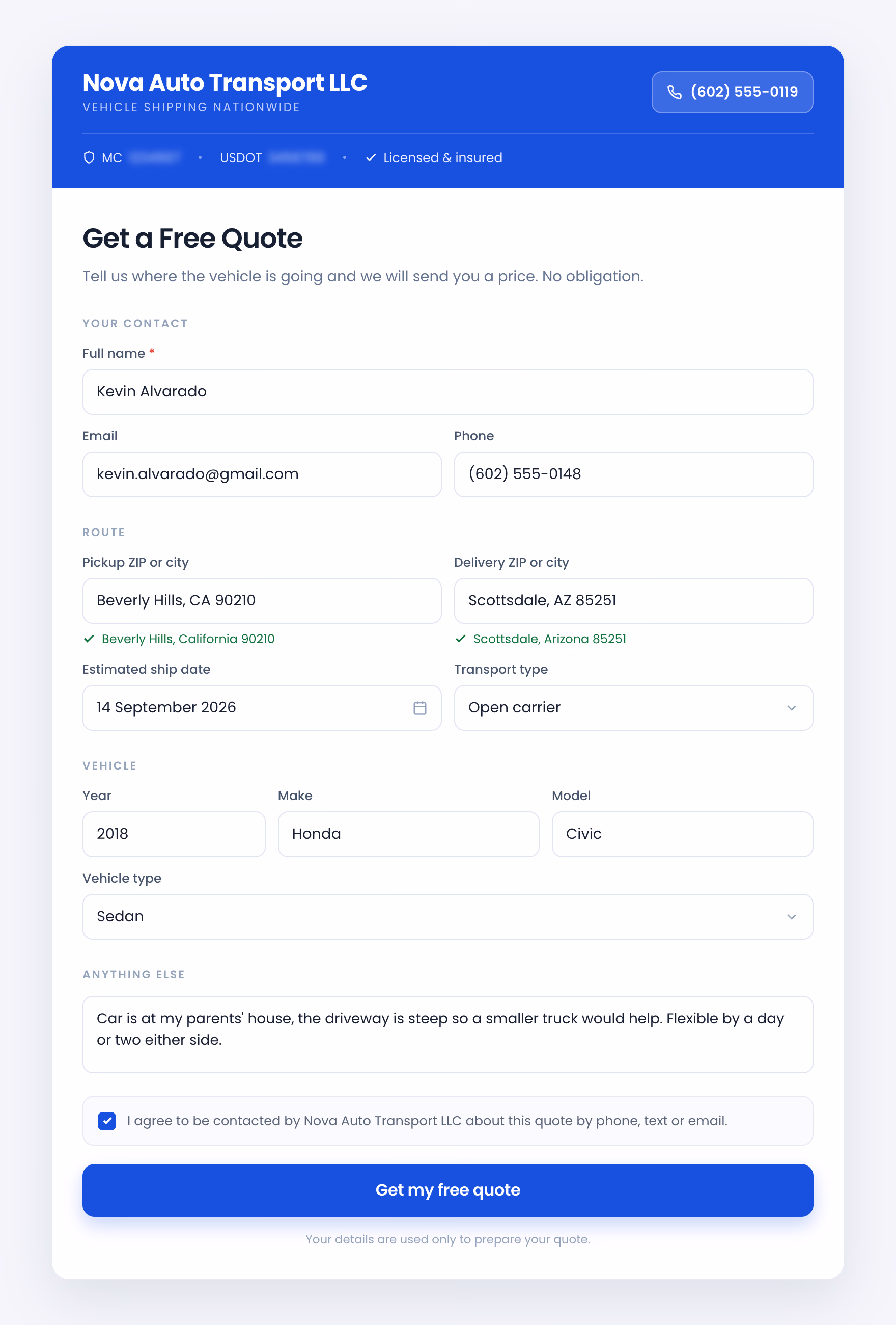 A branded Get a Free Quote form for Nova Auto Transport LLC, showing contact, route with ZIP autofill confirmed in green, vehicle and consent fields.