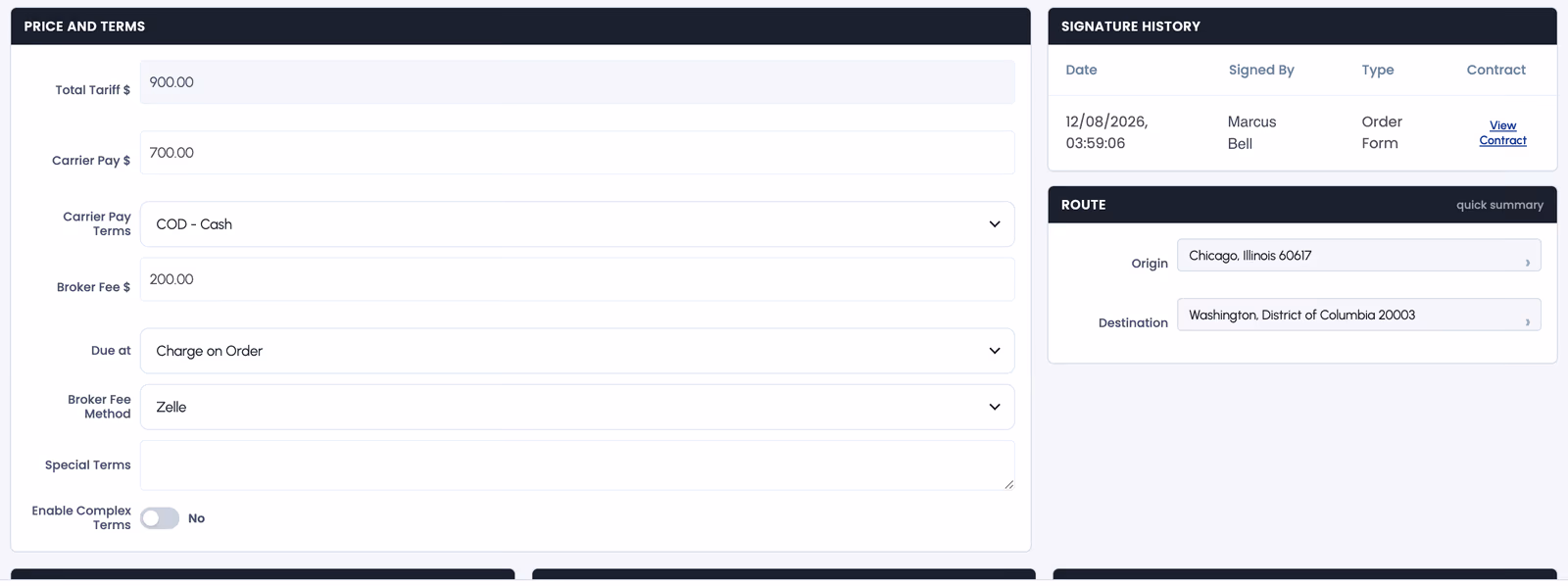 A TruxCRM order screen showing total tariff, carrier pay and broker fee as separate fields, alongside the route and the customer's signature history.
