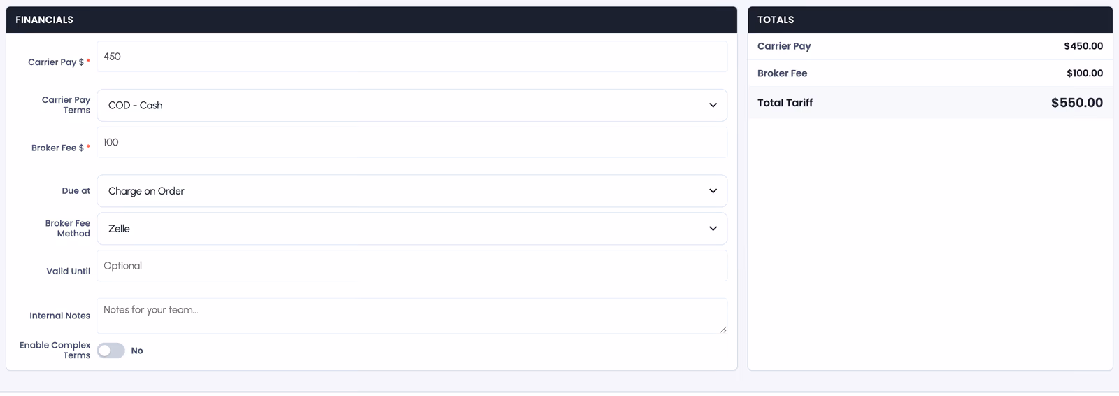 TruxCRM quote screen with carrier pay and broker fee as separate fields and a totals panel showing carrier pay $450, broker fee $100, total tariff $550.