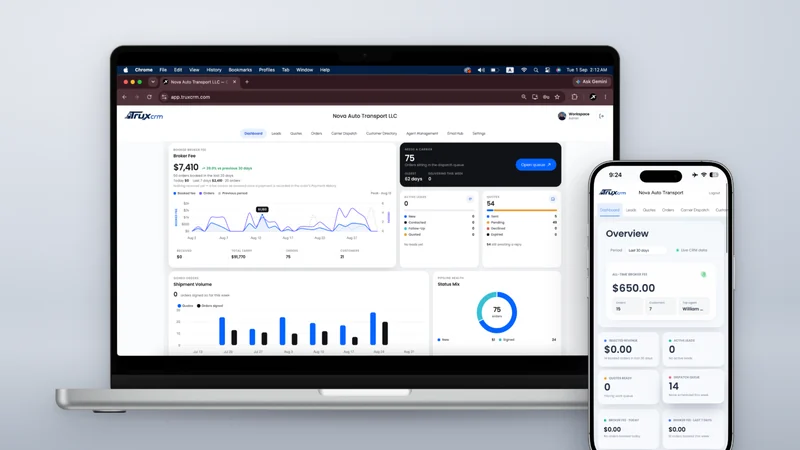 The TruxCRM brokerage dashboard on a laptop and a phone