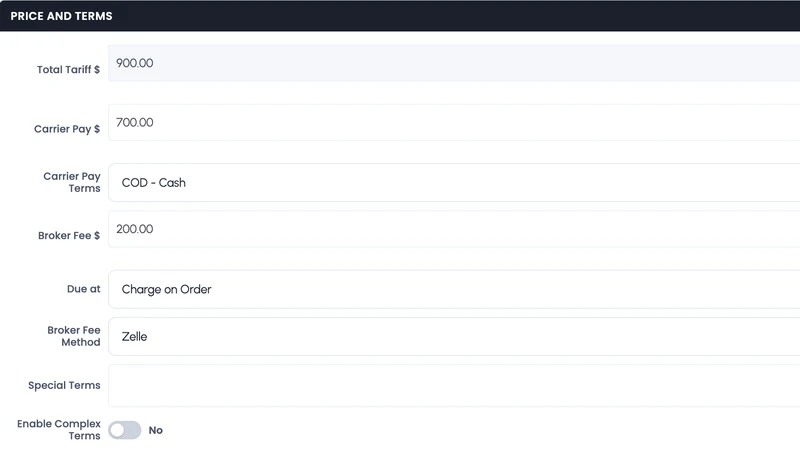 A TruxCRM order screen with total tariff, carrier pay and broker fee as separate fields