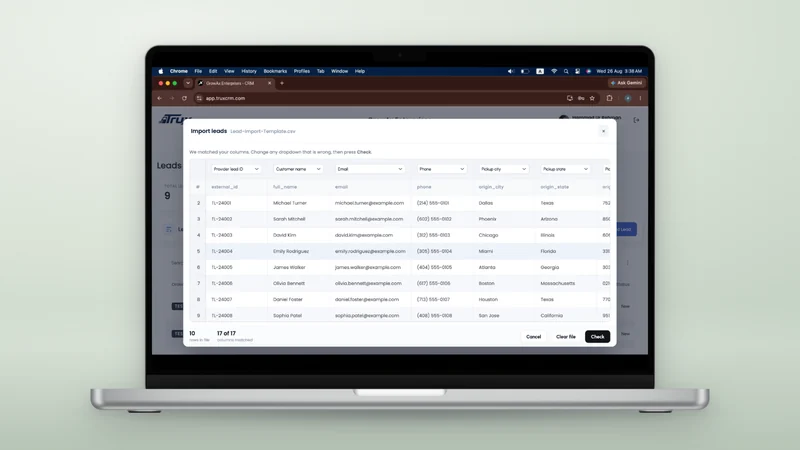 The TruxCRM Import leads window on a laptop, with a CSV file loaded and every column matched to a field