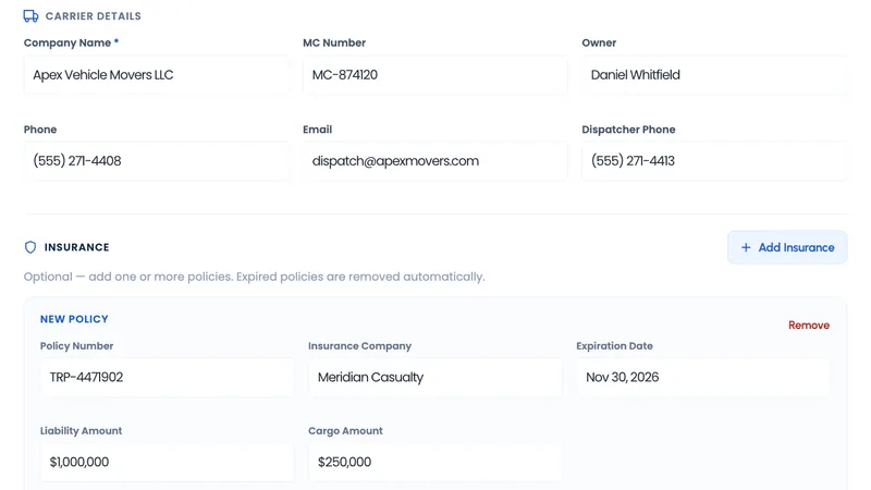 A TruxCRM carrier dispatch record showing the assigned carrier, driver and insurance detail