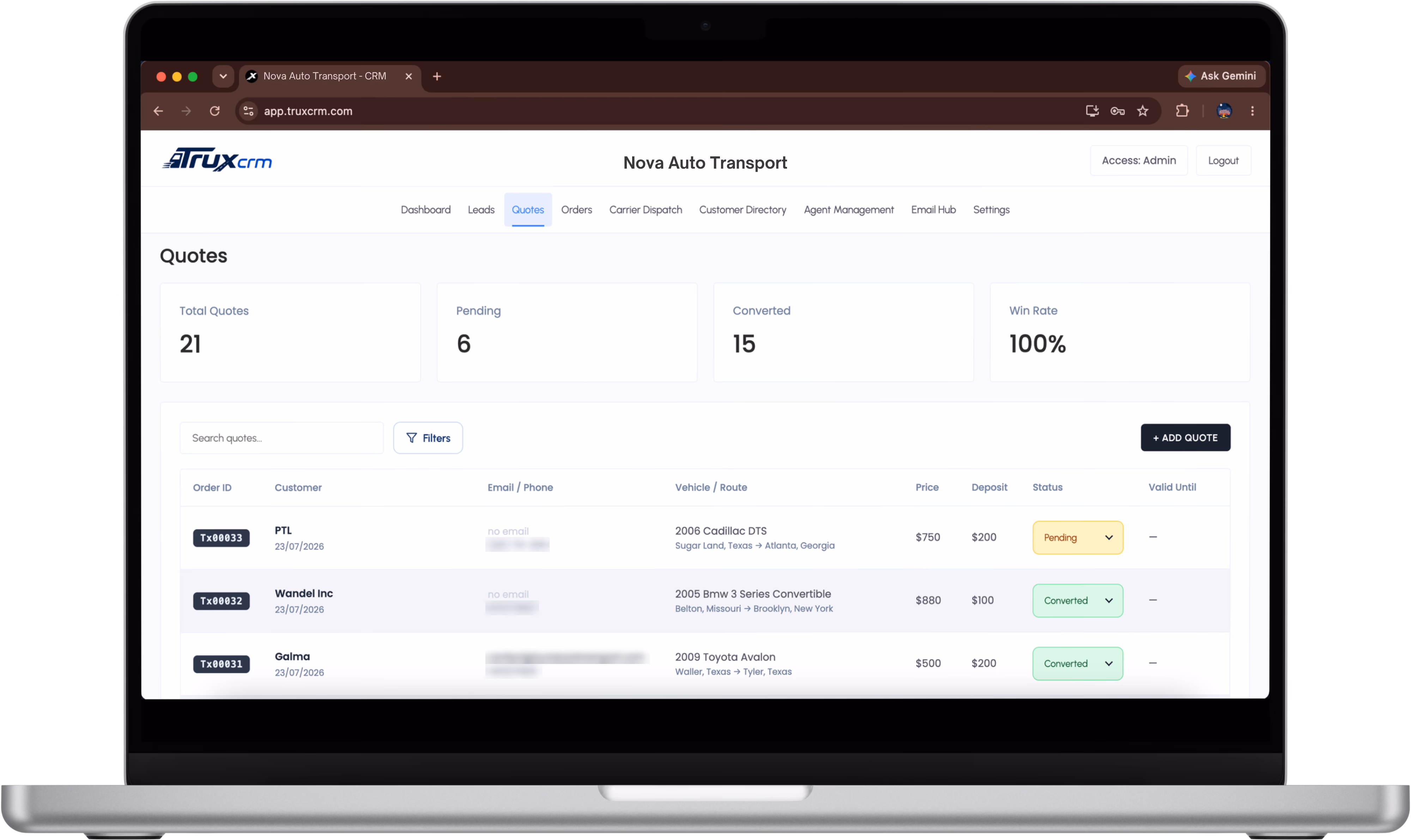 TruxCRM quotes dashboard showing total quotes, pending, converted, win rate, and a quote list with customer, vehicle, route, price, deposit, and status