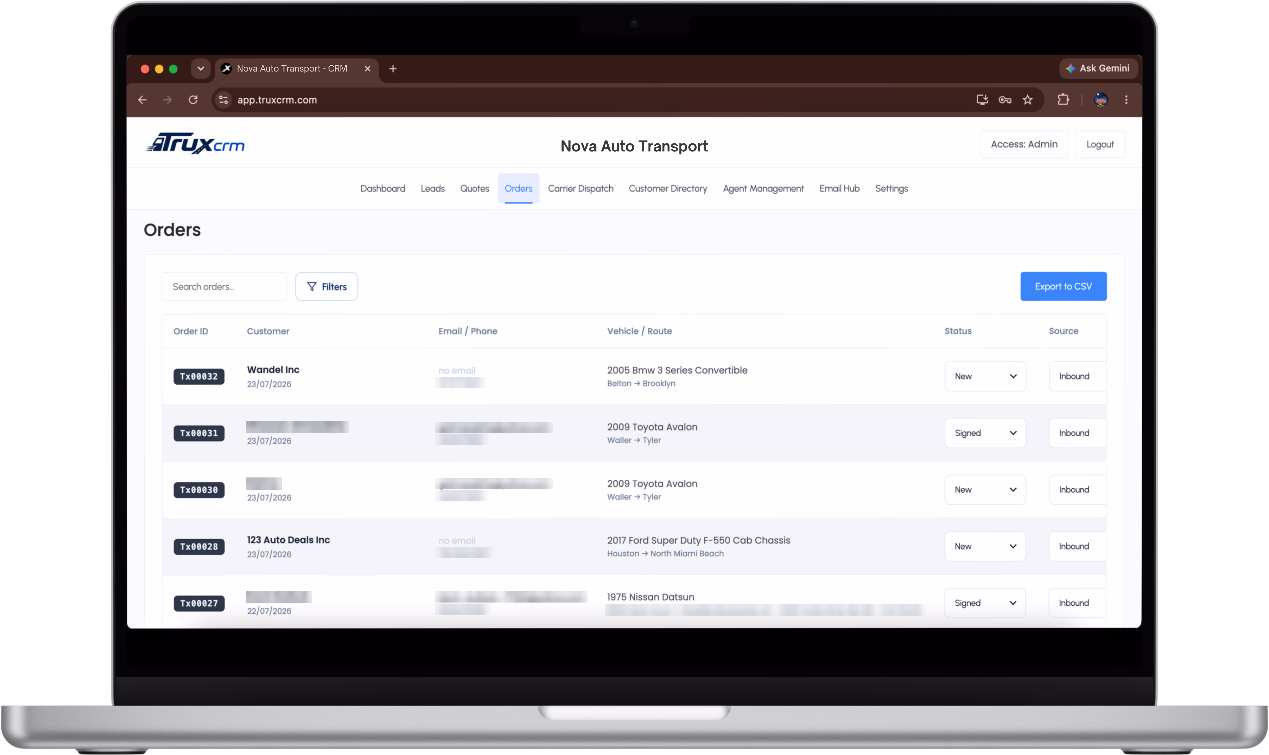 TruxCRM order pipeline listing customers, vehicles, routes, status, and source