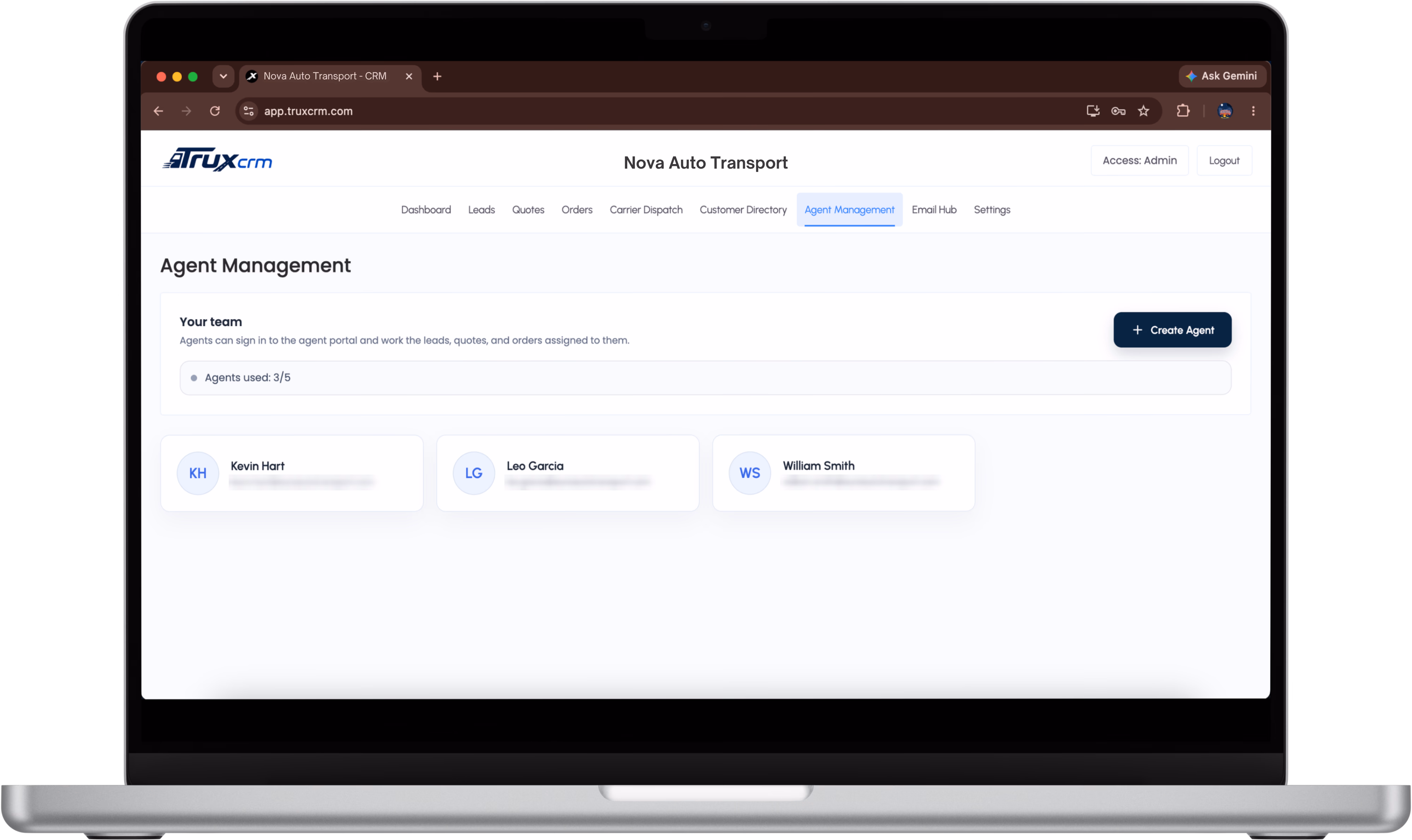 TruxCRM agent management screen showing the team and seat usage
