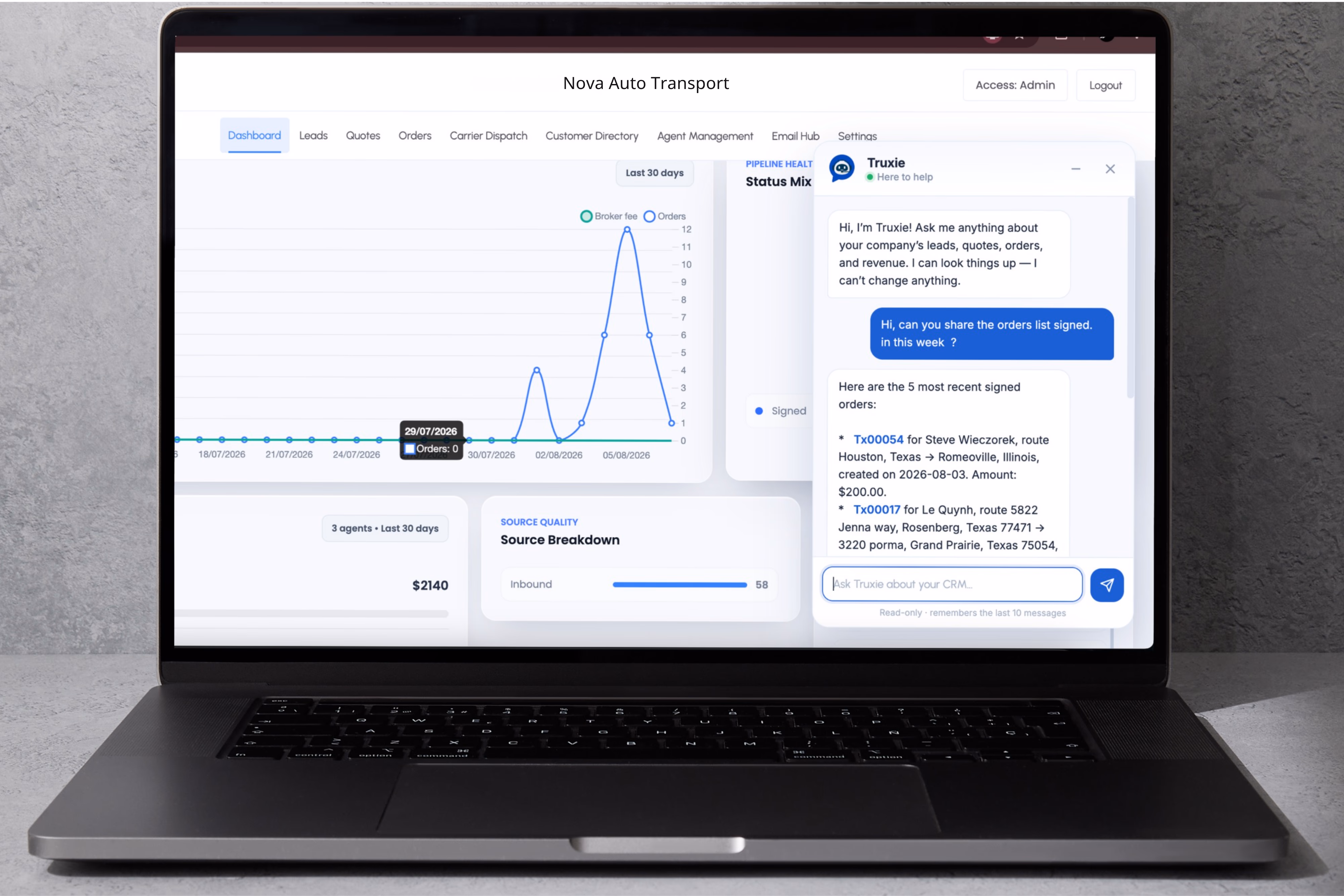 TruxCRM Truxie AI Assistance interface
